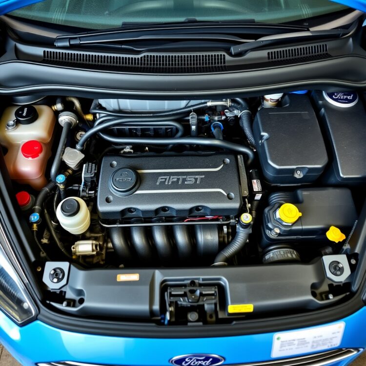 A detailed close-up of a Ford Fiesta's engine bay, showcasing maintenance tools and parts, emphasizing the importance of routine care for longevity.