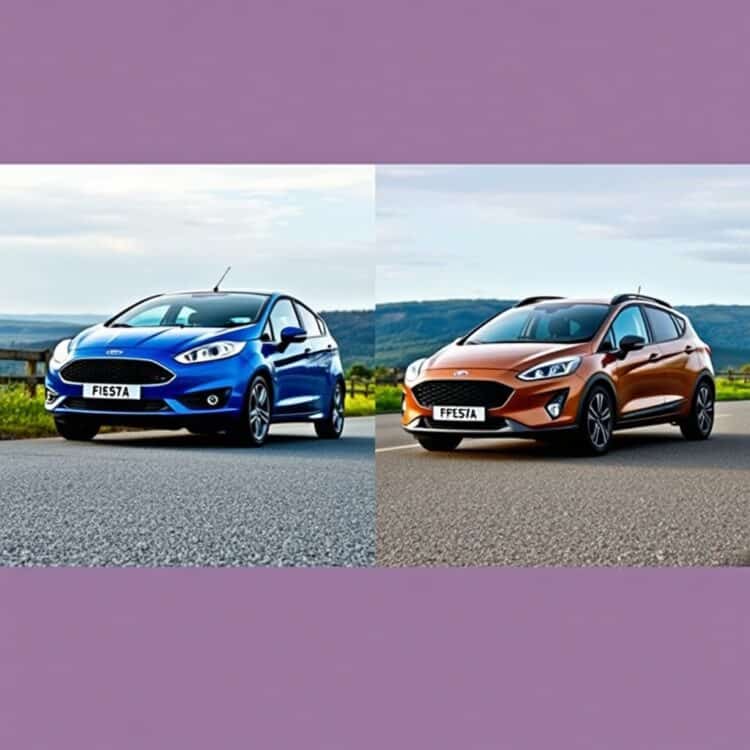 A dynamic side-by-side comparison of a Ford Fiesta and its competitors, parked on a scenic road, illustrating differences in design and features.