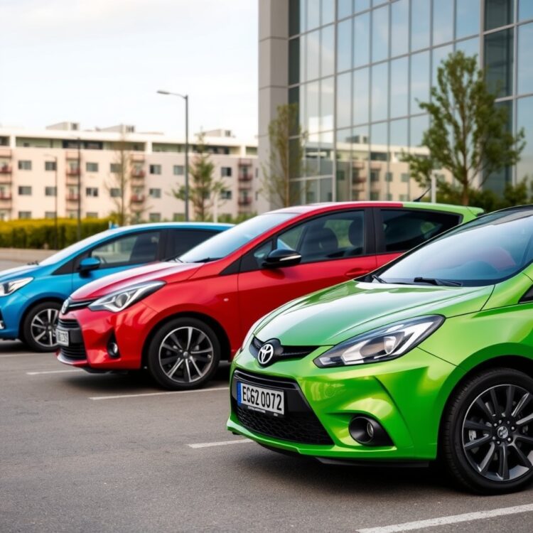 A sleek lineup of hatchback cars including Vauxhall Corsa, Toyota Yaris, and Seat Ibiza parked side by side in a modern urban setting, showcasing their unique designs and colors under natural daylight.
