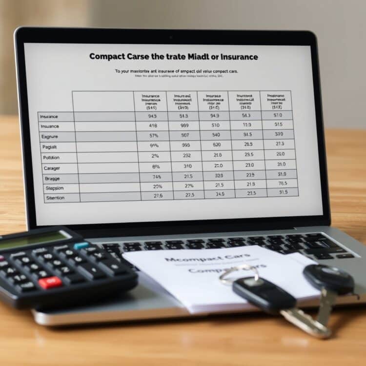 A detailed comparison chart of insurance and maintenance costs for various compact cars, displayed on a laptop screen with a calculator and car keys beside it, symbolizing cost analysis.