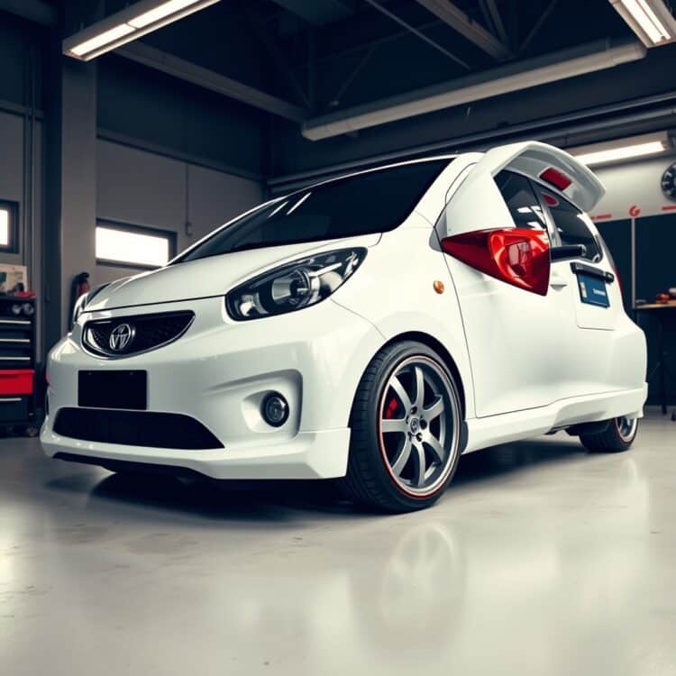 A stylish compact car being customized with alloy wheels and a spoiler in a professional garage, highlighting the personalization options available for buyers.
