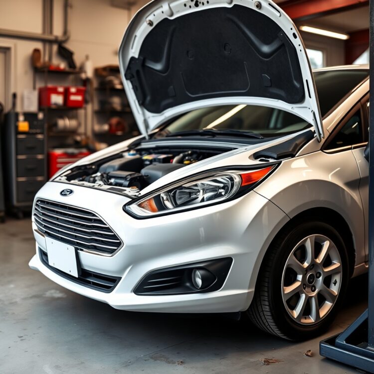 A professional stock photo of a Ford Fiesta undergoing a routine maintenance check, highlighting common issues like mechanical and electrical system concerns with a focus on durability and longevity.