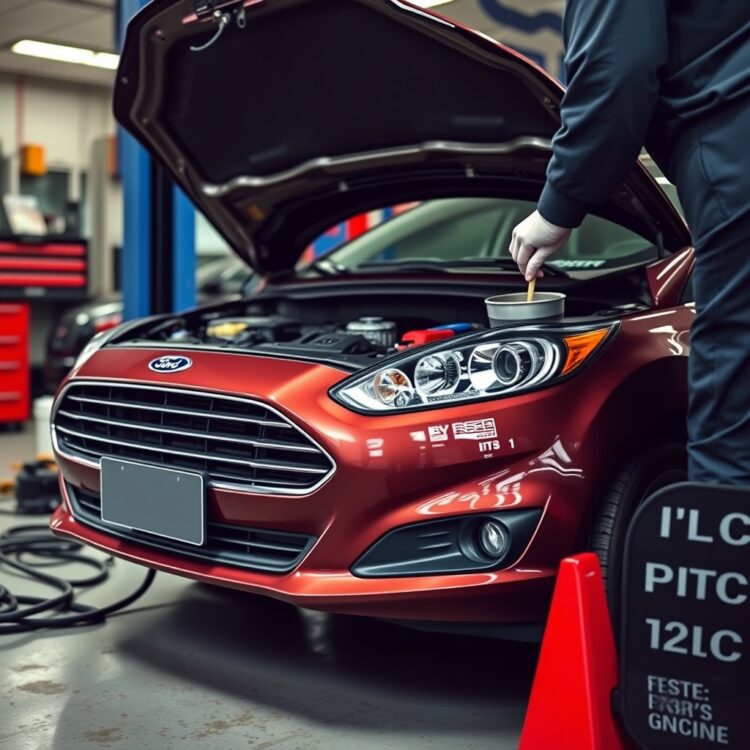 A high-quality stock image of a Ford Fiesta being serviced with genuine parts, emphasizing the importance of regular oil changes and the benefits of using OEM components for extended vehicle life.