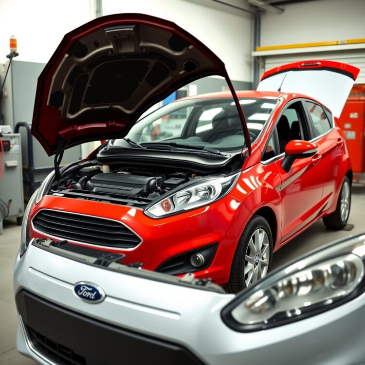 A professional stock photo depicting a Ford Fiesta with its hood open, showcasing a detailed inspection process to identify signs of wear and potential issues before they become major problems.
