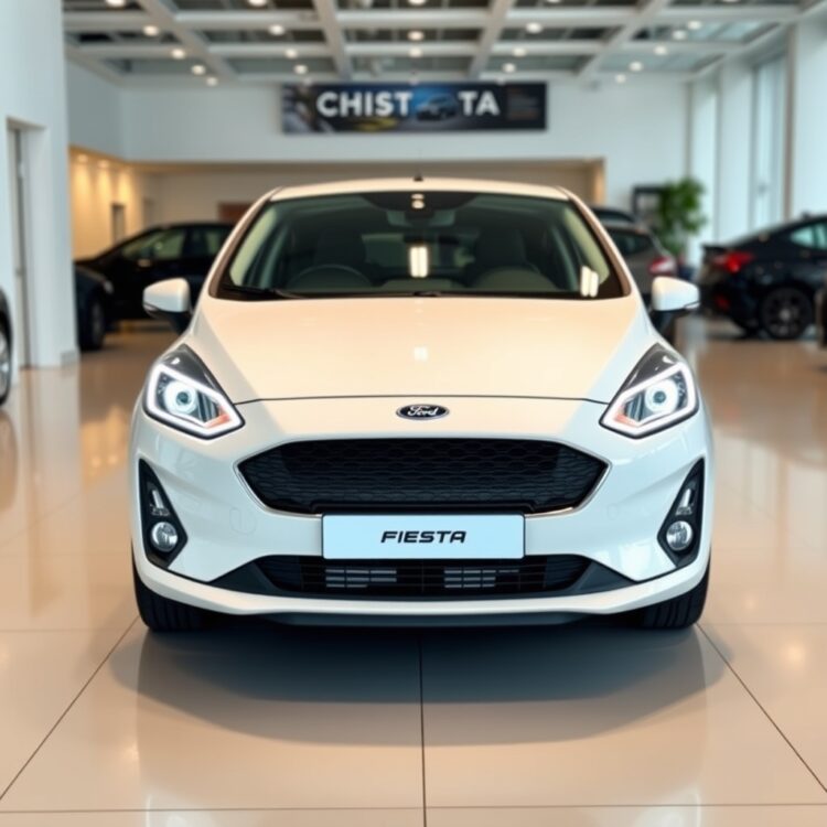 A sleek, modern Ford Fiesta parked in a well-lit showroom, highlighting its design and features that make it a top recommended year.