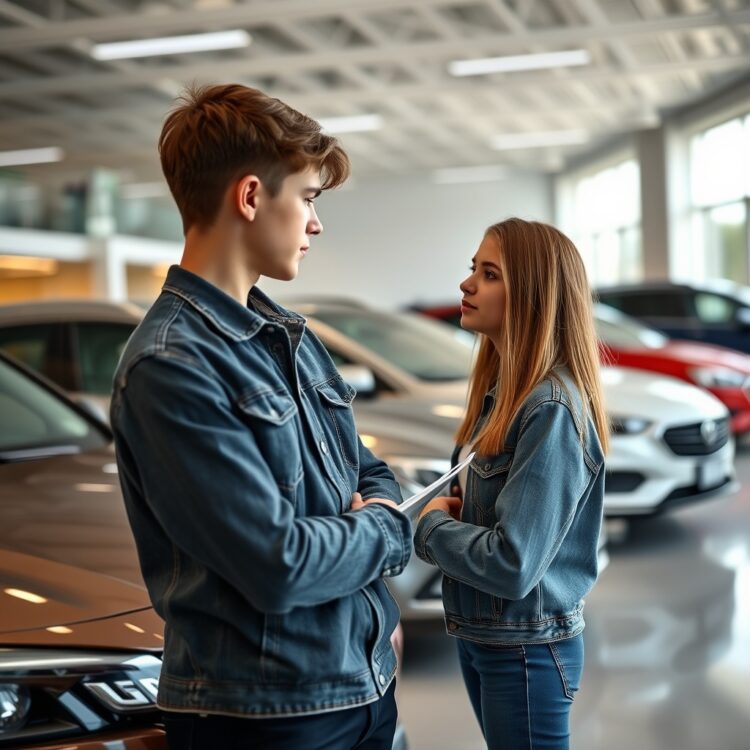 A professional stock photo of a teenager comparing a shiny new car with a used car in a dealership setting, highlighting the decision-making process between new and used vehicles.