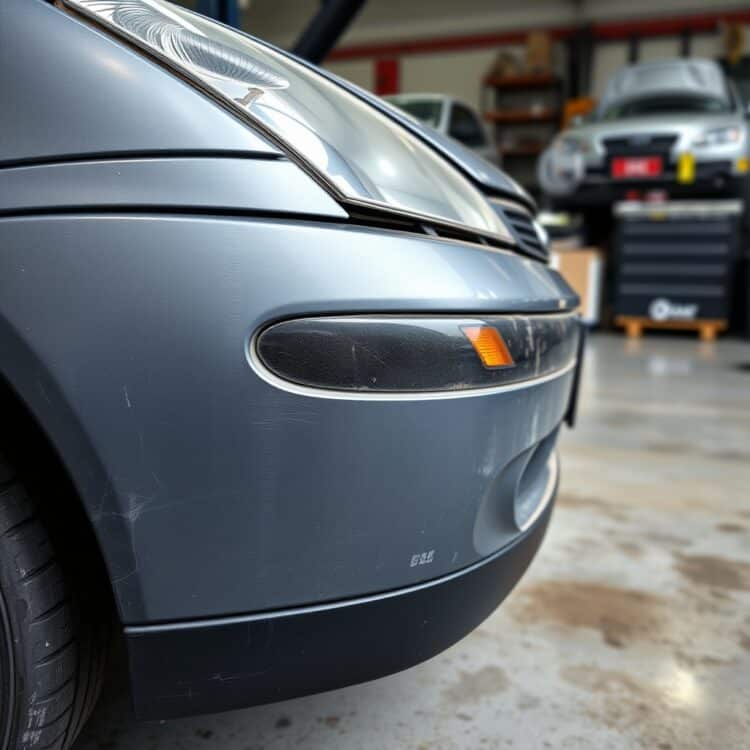 A detailed close-up of a 2000 Ford Focus showing signs of wear and common mechanical issues, set in a professional automotive workshop environment.