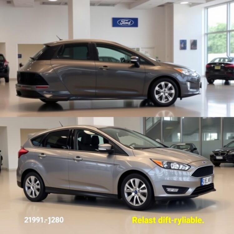 Side-by-side comparison of a problematic Ford Focus model year and a reliable one, highlighting key differences in a clean, professional showroom setting.