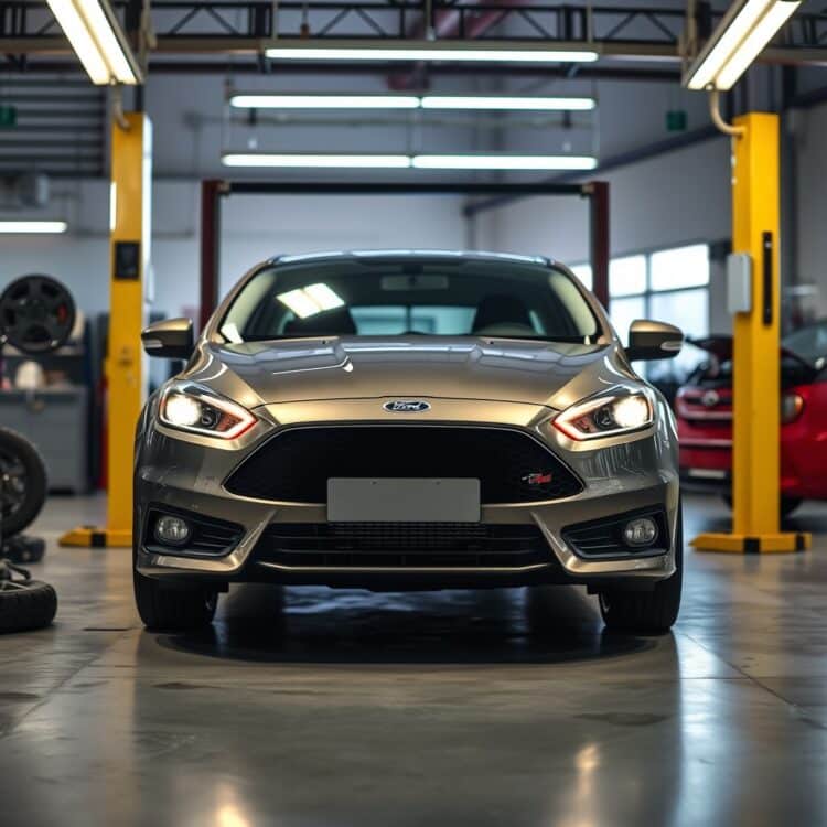 A well-maintained Ford Focus undergoing routine service checks in a bright, modern garage, emphasizing the importance of regular maintenance.
