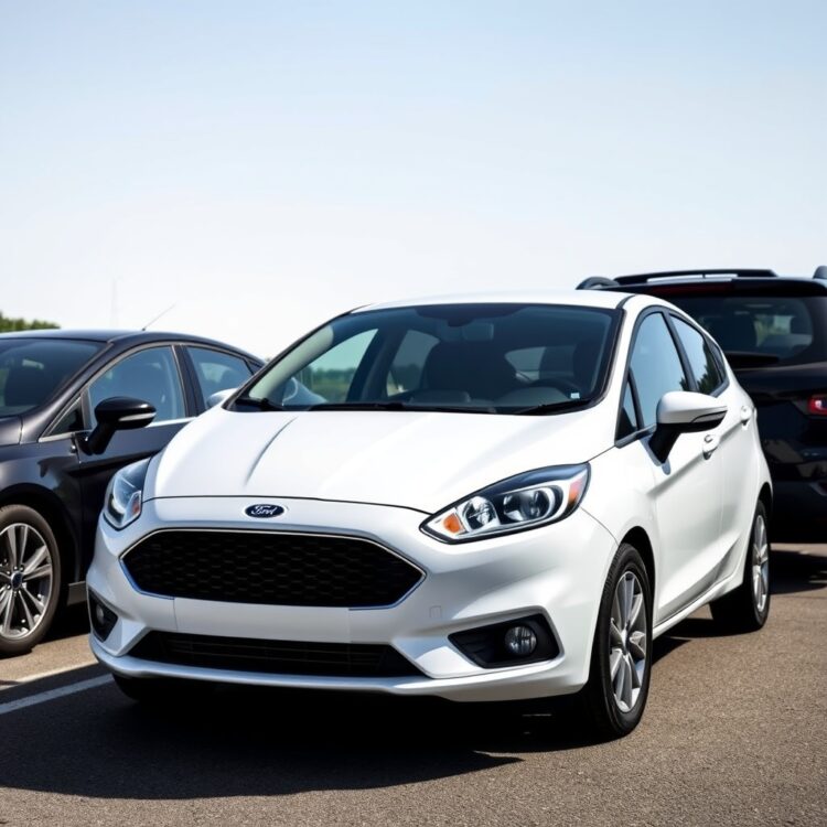A sleek, modern Ford Fiesta parked next to a Ford Focus and EcoSport, showcasing their differences in design and size under natural daylight.
