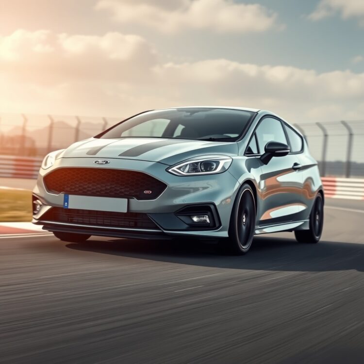 A dynamic shot of a Ford Fiesta in a racing setting, highlighting its motorsport heritage with a blurred background to emphasize speed and performance.