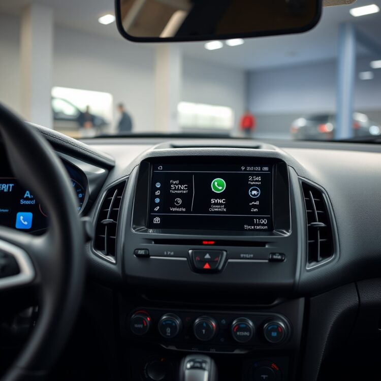 A close-up of a Ford Fiesta's dashboard and infotainment system, focusing on the SYNC technology and connectivity features in a well-lit interior setting.
