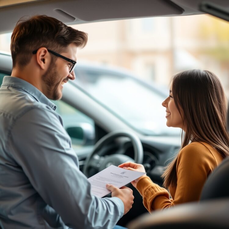 A high-quality stock image of a teenager and a parent discussing car insurance options with an agent, focusing on understanding and choosing the right policy for teen drivers.