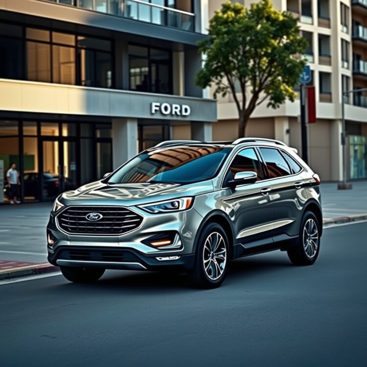A sleek, modern Ford vehicle parked in a dynamic urban setting, highlighting its enhanced fuel efficiency and advanced technological integrations under the sunlight.