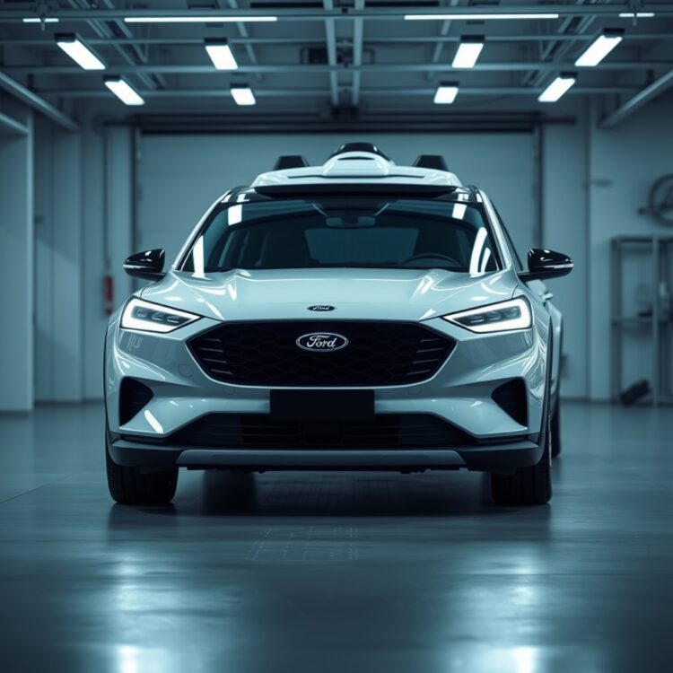 A futuristic Ford car showcasing its autonomous driving capabilities and electric options, parked in a high-tech garage with subtle lighting emphasizing its advanced features.