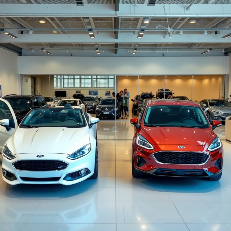 Side-by-side comparison of the new Ford model and its competitors in a showroom setting, focusing on design, features, and price points under bright, professional lighting.