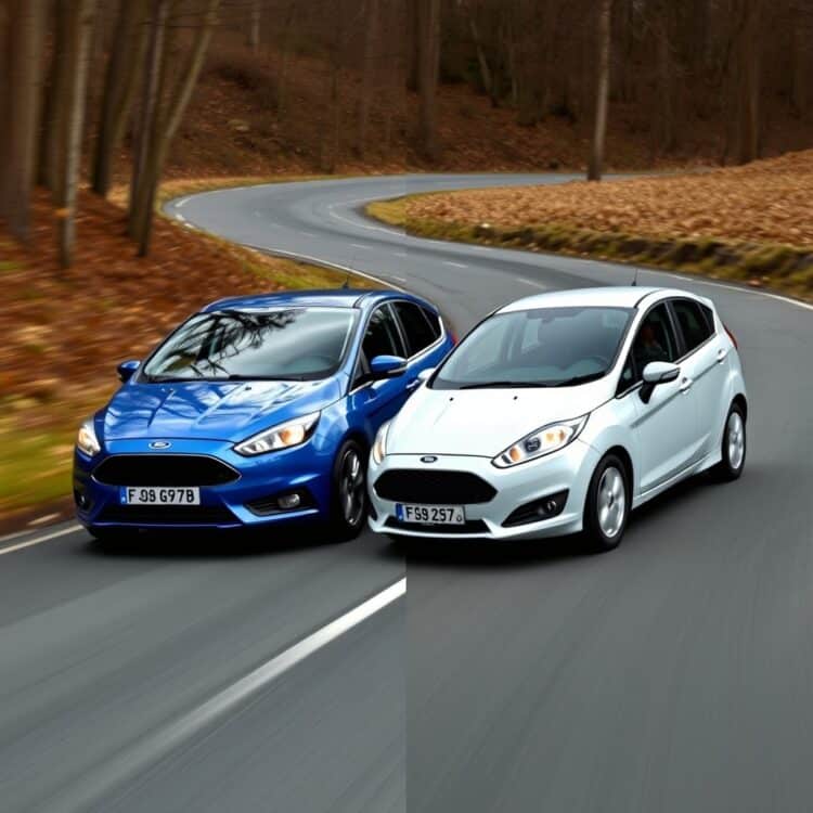 A dynamic side-by-side comparison of Ford Focus and Fiesta in motion on a winding road, highlighting handling and ride quality differences.