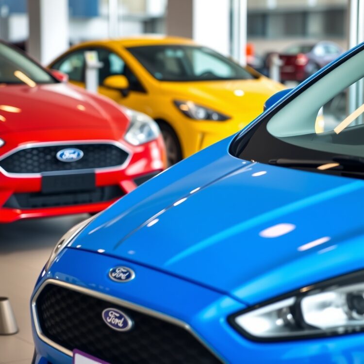 A close-up of a Ford Focus and Fiesta side by side in a dealership setting, symbolizing resale value and market perception differences.