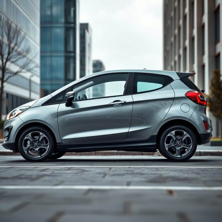 A sleek electric compact car parked in an urban setting, symbolizing the rise of electric and hybrid alternatives to the Ford Fiesta.