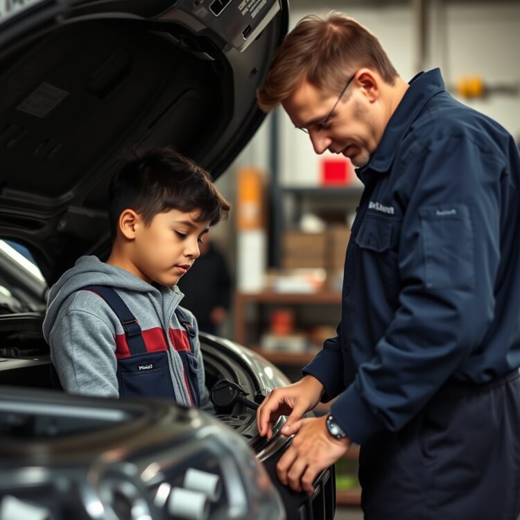 A professional stock photo depicting a teenager learning basic car maintenance tasks, such as checking oil or tire pressure, under the guidance of a mechanic.