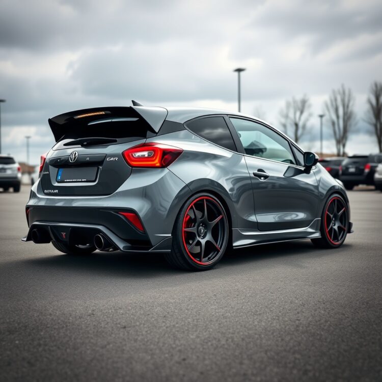 A modern compact car with custom rims and a sporty body kit, representing the customization options for new compact car owners.
