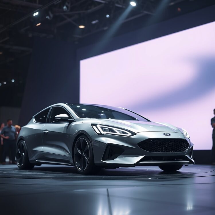 A futuristic concept car under a spotlight at an auto show, symbolizing rumors and speculations about the Ford Focus's return.