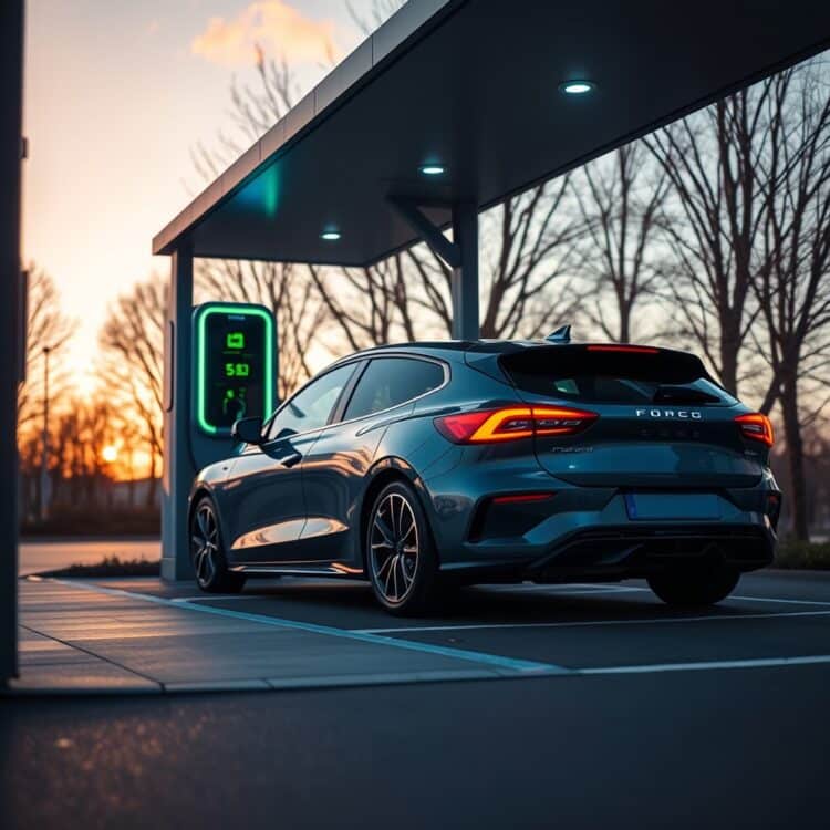 An electric vehicle charging station at dusk, representing the role of electric vehicles in the future of the Ford Focus.