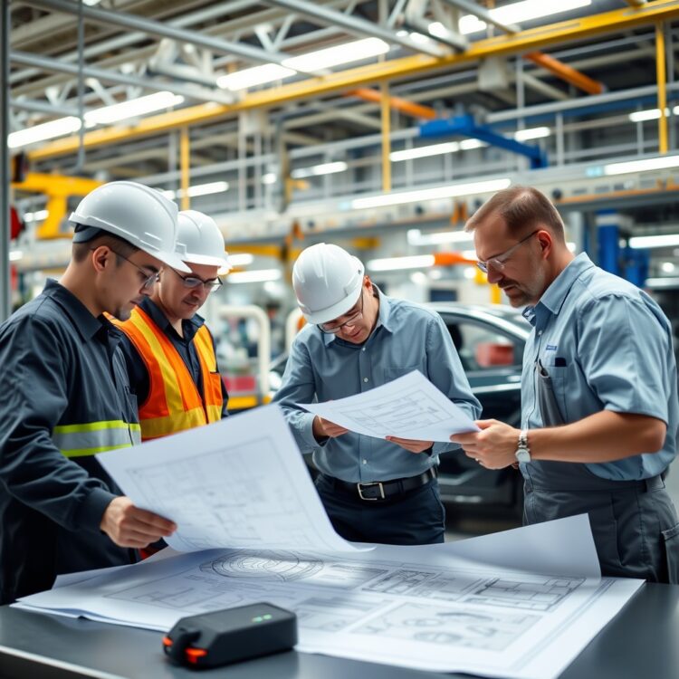 A team of engineers discussing over blueprints in a modern automotive factory, highlighting production and supply chain challenges for the new Ford Focus.