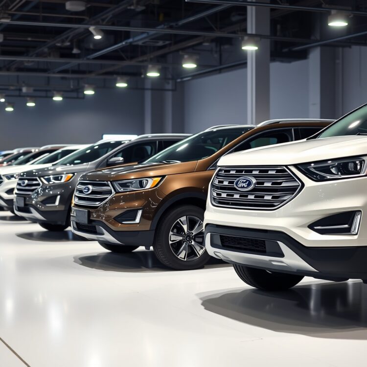 A sleek lineup of Ford SUVs and crossovers parked in a row under bright showroom lights, showcasing their modern design and appeal to consumer preferences.