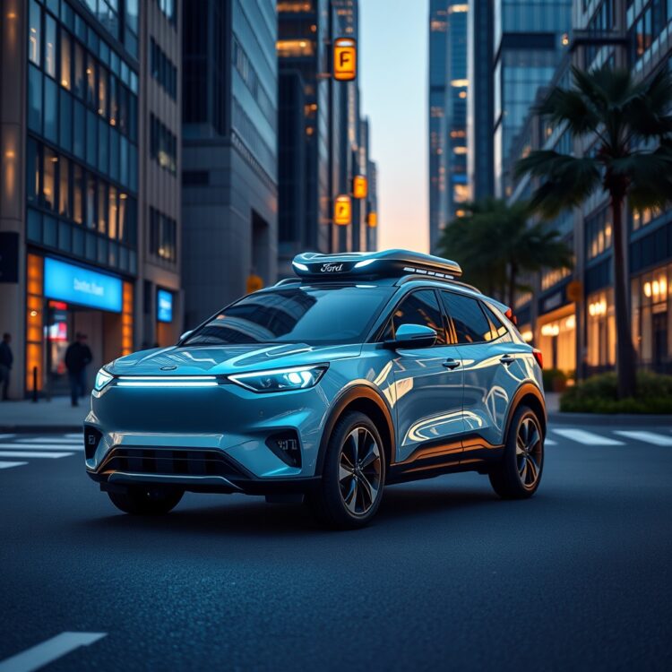 A futuristic Ford autonomous vehicle prototype navigating a smart city street, highlighting Ford's advancements in autonomous driving technology.