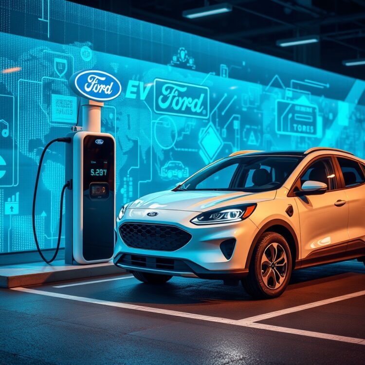 A dynamic shot of a Ford electric vehicle charging at a high-tech station, symbolizing Ford's partnerships and collaborations in the EV space.