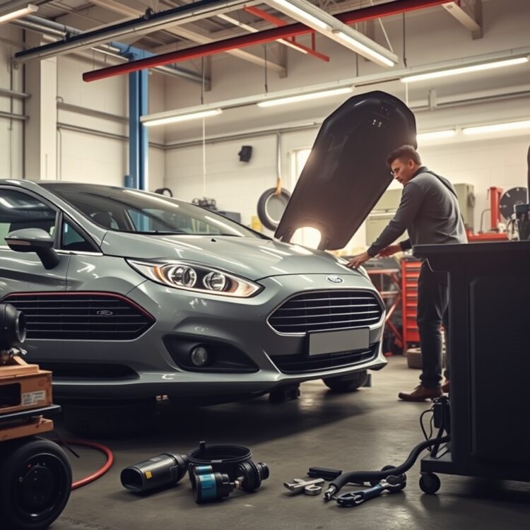 A professional stock photo of a Ford Fiesta undergoing routine maintenance in a well-lit garage, showcasing a mechanic performing an oil change with tools and parts neatly arranged around.