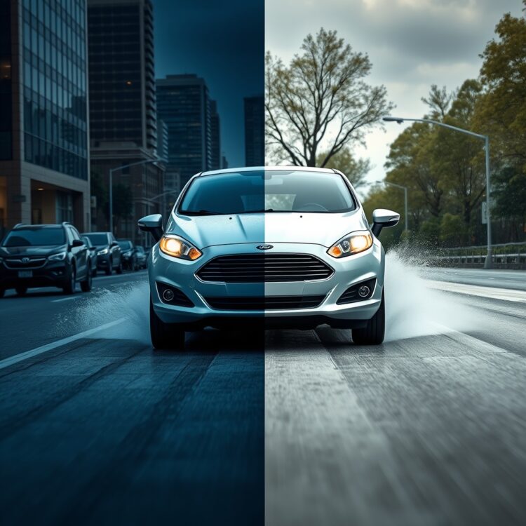A high-quality stock image of a Ford Fiesta driving through contrasting urban and rural landscapes, highlighting the environmental factors affecting its durability under different weather conditions.