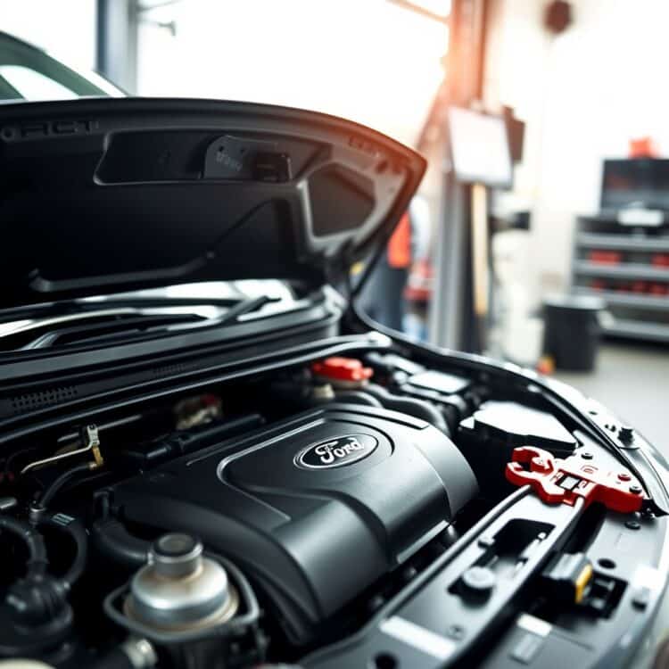 A professional stock photo depicting a detailed, close-up view of advanced car maintenance tools and a Ford Fiesta's engine bay, symbolizing advanced maintenance techniques for longevity.