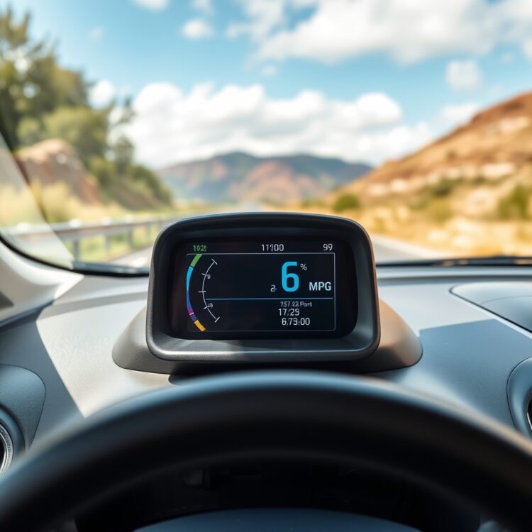 A high-quality, professional stock photo of a Ford Fiesta dashboard displaying fuel economy metrics, with a focus on the MPG readout, set against a scenic driving backdrop.
