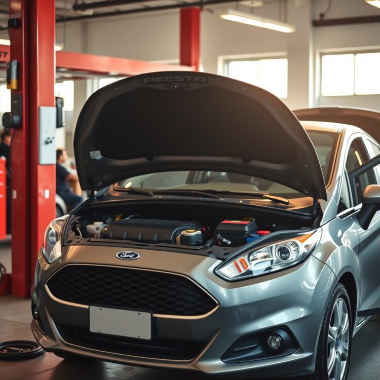 A professional stock photo showcasing a Ford Fiesta undergoing routine maintenance in a well-lit service center, highlighting the engine area with a mechanic in action.