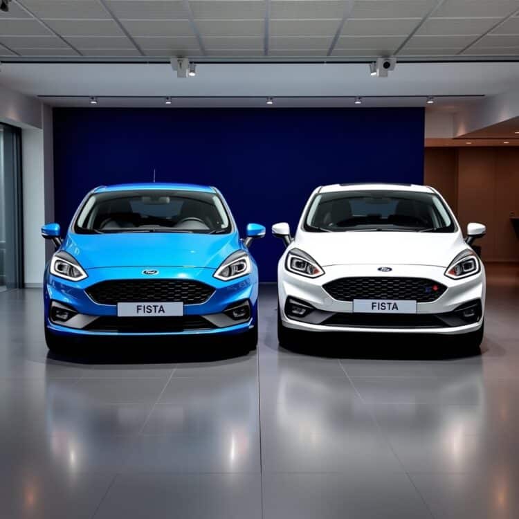 A sleek, professional stock photo of two Ford Fiesta models side by side, one with the 1.4 engine and the other with the 1.0 EcoBoost, emphasizing their exterior design differences in a showroom setting.