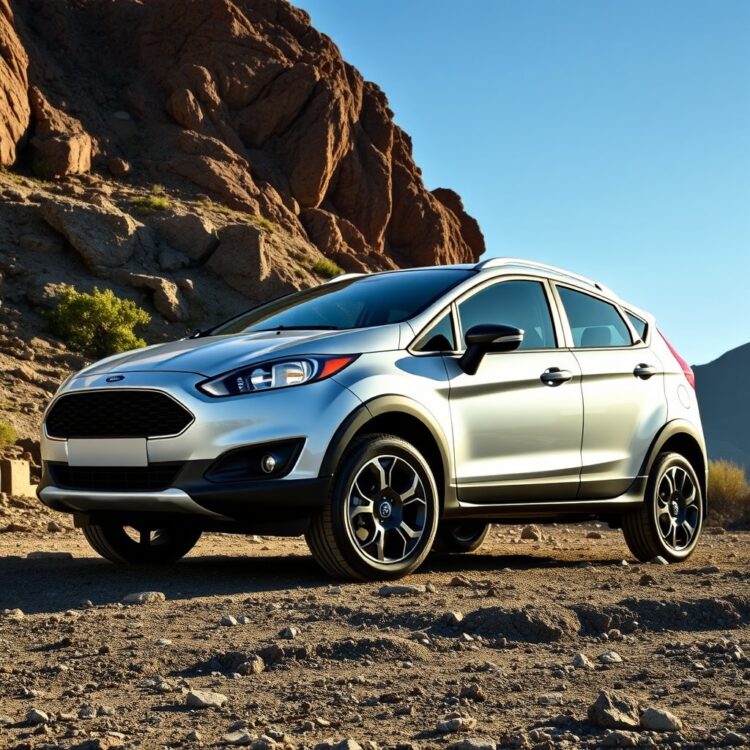 A sleek Ford Fiesta Active parked on a rugged terrain, showcasing its crossover capabilities with a dynamic angle and natural lighting.