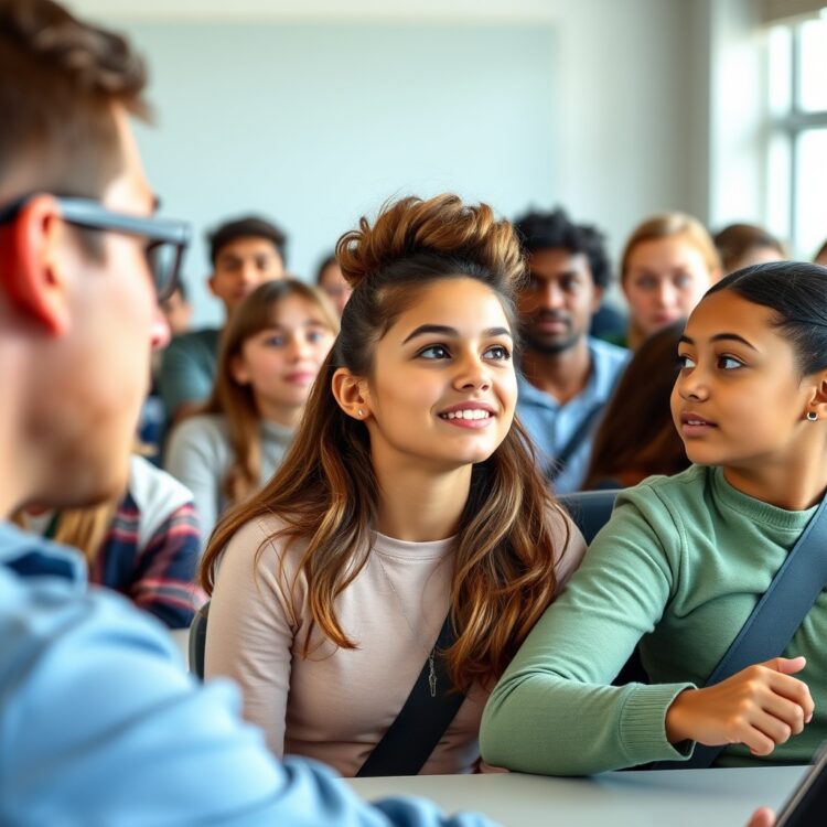 A professional stock photo of a diverse group of teenagers in a driver's education class, attentively listening to an instructor, with a focus on the educational environment and engagement.