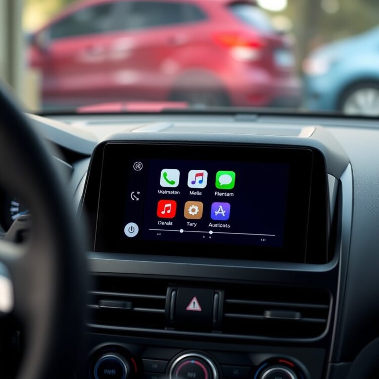 A close-up of the Ford Fiesta's infotainment system in action, displaying Apple CarPlay on the screen with a blurred background of the car's interior.