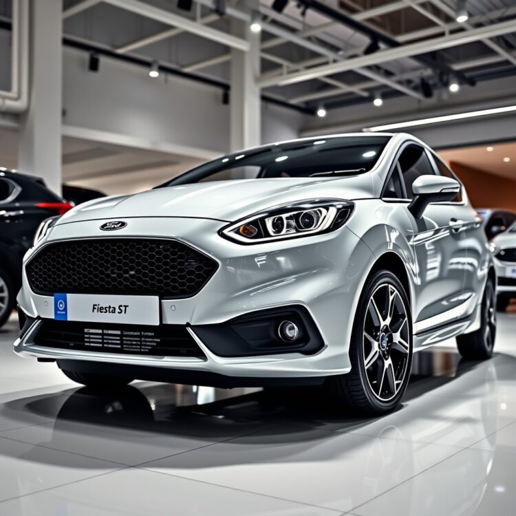 A professional shot of a Ford Fiesta ST in a showroom, highlighting its sporty design and premium features under bright, flattering lights.