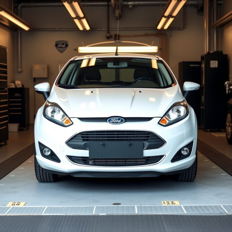 A high-quality stock photo of a Ford Fiesta undergoing a routine maintenance check at a professional service center, highlighting reliability and durability aspects.