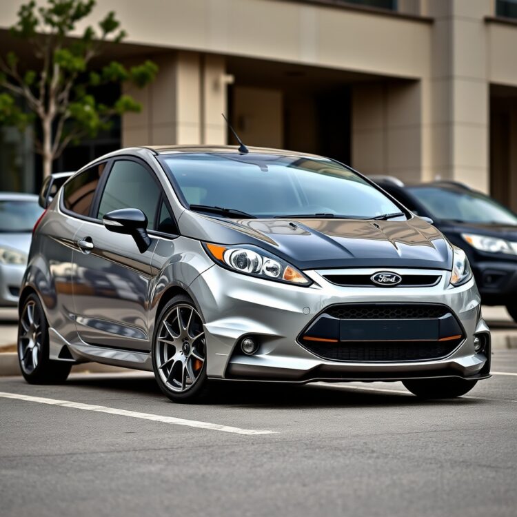 A professional stock photo showcasing a Ford Fiesta with aftermarket upgrades, such as alloy wheels and a sporty body kit, parked in an urban setting.
