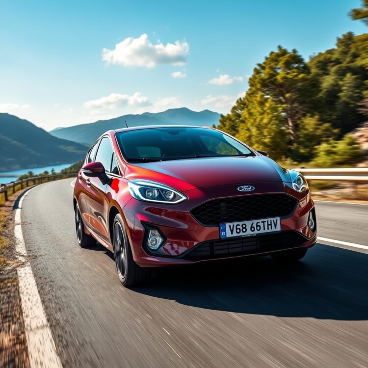A dynamic stock photo of a Ford Fiesta being test-driven on a scenic road, emphasizing handling and driving experience in various conditions.