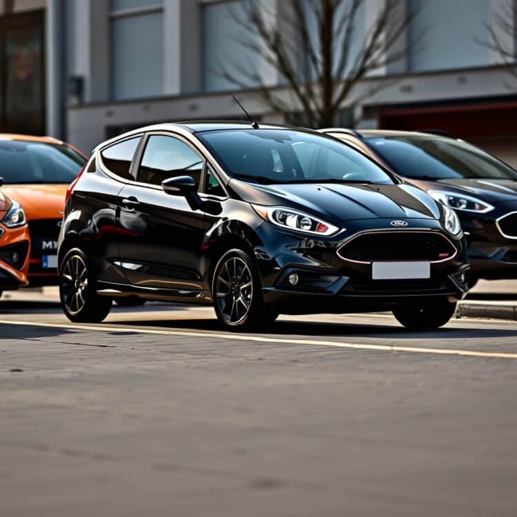 A sleek Ford Fiesta parked next to its competitors, highlighting its compact design and stylish appearance in a well-lit urban setting.