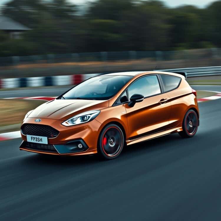 A high-performance Ford Fiesta ST in action on a racetrack, showcasing its dynamic handling and speed with a blur of motion in the background.