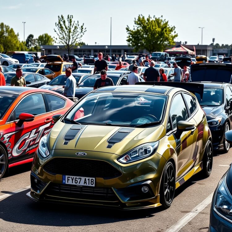 A diverse group of Ford Fiesta owners gathered at a car meet, showcasing their customized vehicles in a vibrant community setting.
