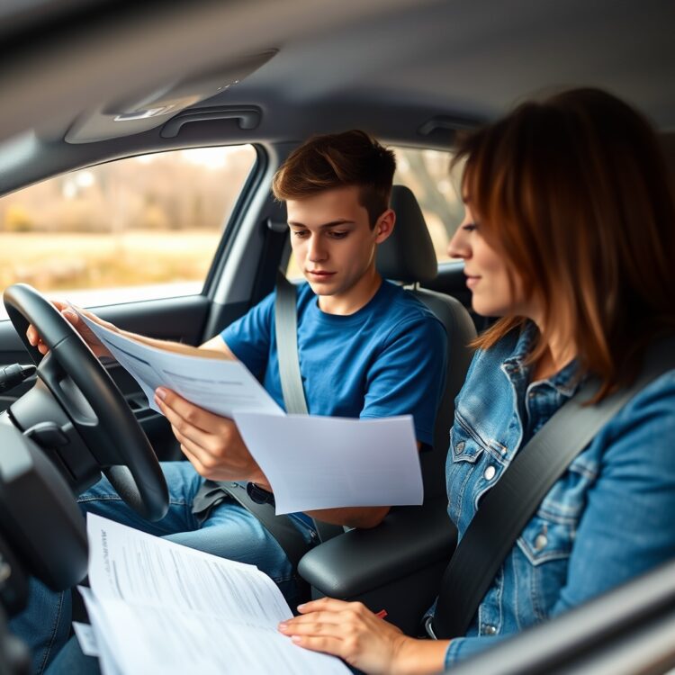 A high-quality stock image of a 16-year-old driver carefully reviewing car insurance documents with a parent, highlighting the economic aspects and family involvement in teen driving.