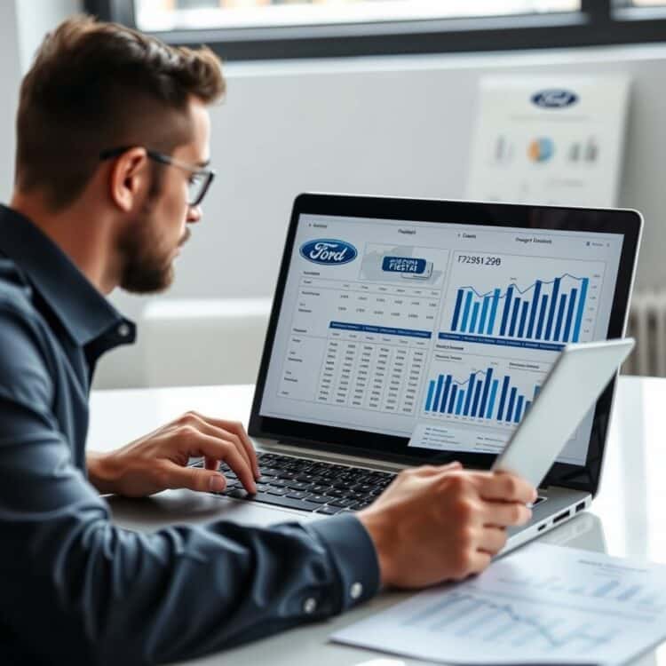 A professional stock photo of a financial analyst reviewing Ford's budget charts and investment plans on a laptop, symbolizing the financial implications of discontinuing the Fiesta.