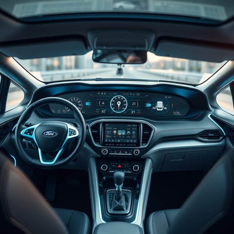 A high-quality stock image showcasing a futuristic car dashboard with advanced technology features, representing the impact of technology on small car viability like the Fiesta.